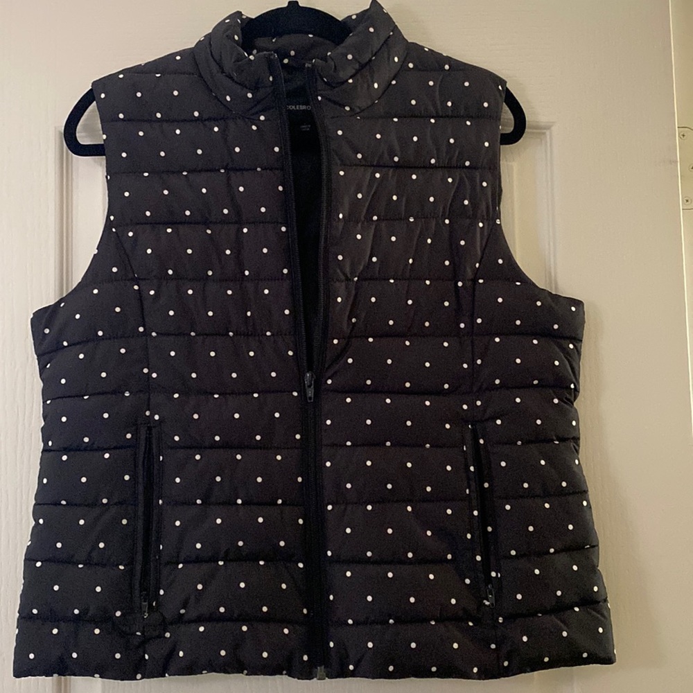 Black and white polka dot puffer vest
